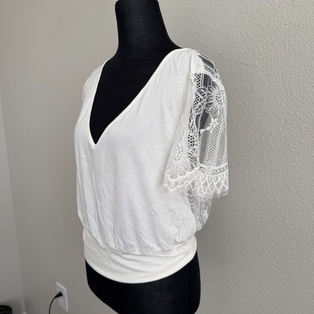 Large White Lace Back Blouse Top Womens Surplice V-Neck Boho Romantic Ethereal